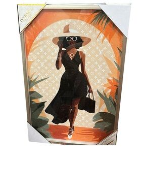 Framed Fashion Art Print with Monogram Motif - Black & Orange